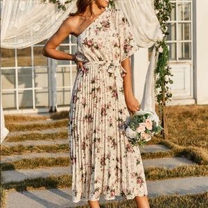 Floral Print One Shoulder Belted Pleated Hem Dress